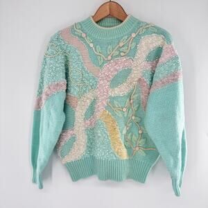 Vintage Jaclyn Smith Sweater Womens M Mint Pastel 3D Knit Pearl Beaded 90s